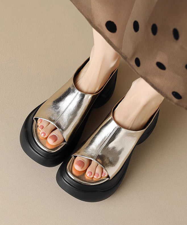 Gold Platform Heels Faux Leather Slide Sandals Peep Toe