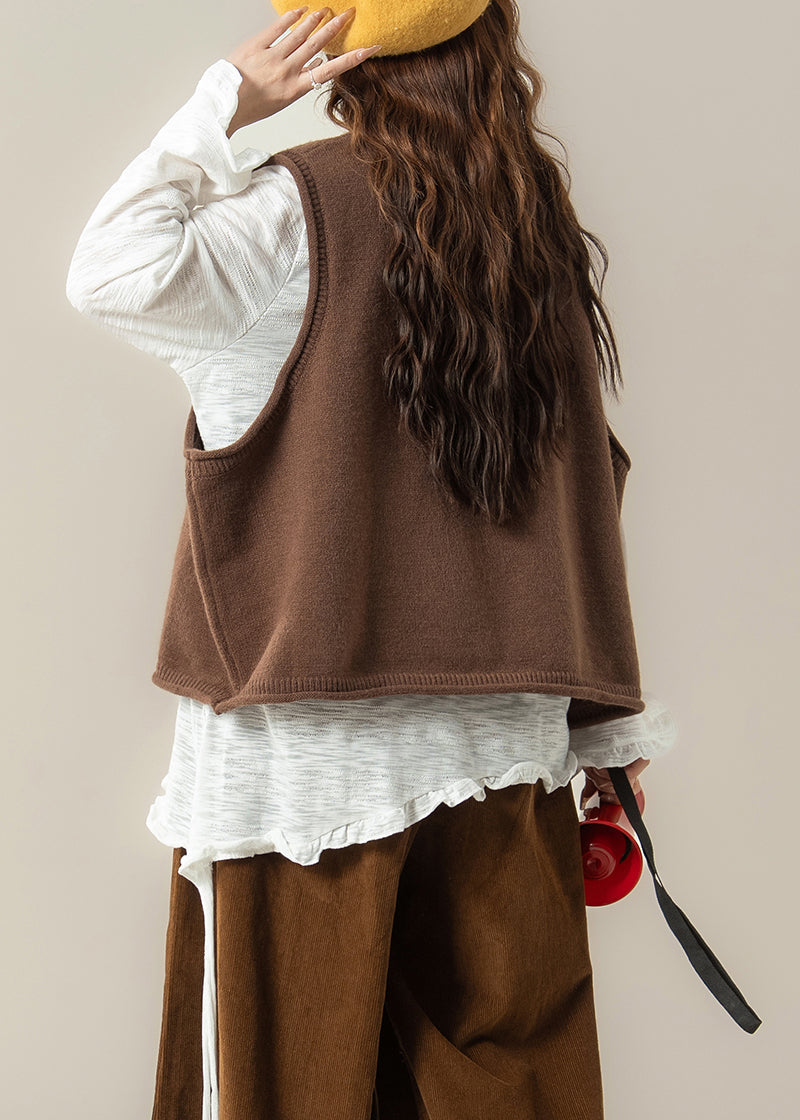 Coffee Dogs Knit Vest and White Ruffled T Shirt Knit Two Pieces Set Spring