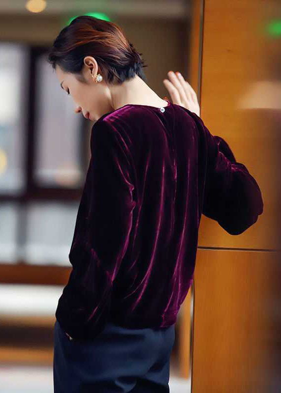 Classy Purple O-neck Oversized Silk Velour Shirt Top Long Sleeve