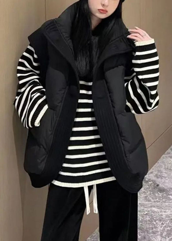 Black Stand Collar Pockets Duck Down Down Vest Winter