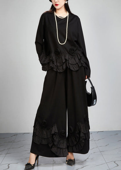 French Black Ruffled Patchwork Tops and Wide Leg Pants Cotton Two Pieces Set Fall