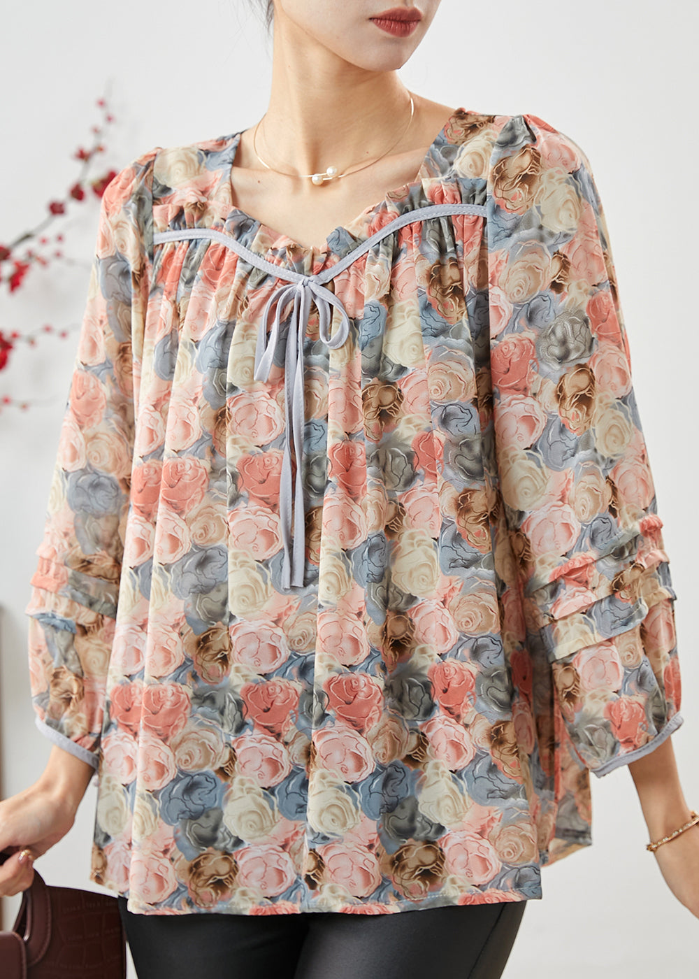 Apricot Square Collar Print Chiffon Top Bracelet Sleeve