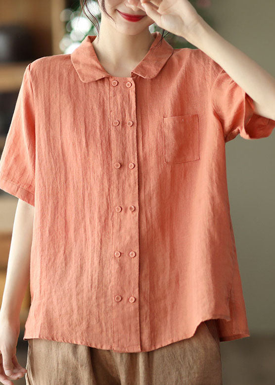 Orange Peter Pan Collar Double Breast Linen Shirt Tops Short Sleeve