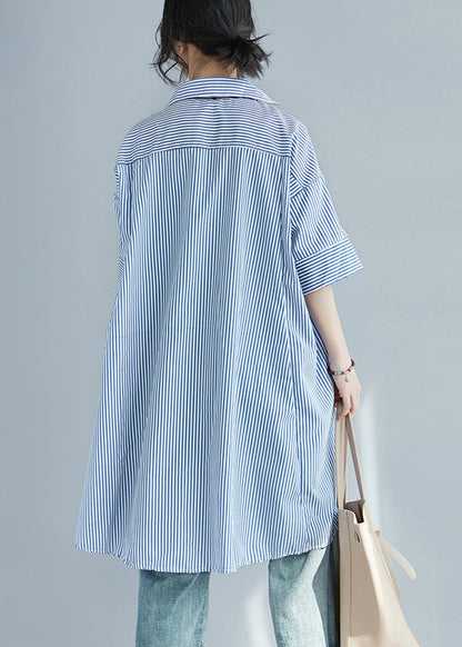 Blue Striped Cotton Shirt Dress Oversized Side Open Summer
