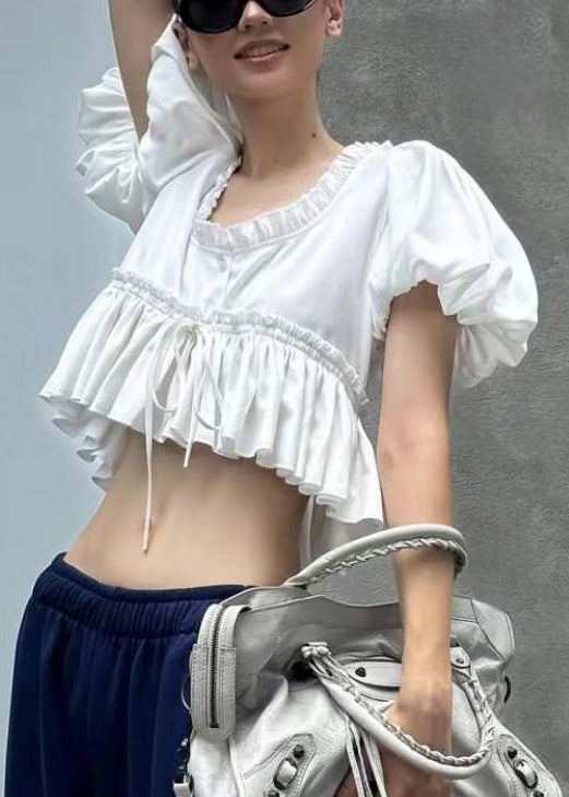 White U Neck Ruffled Cotton Shirt Puff Sleeve