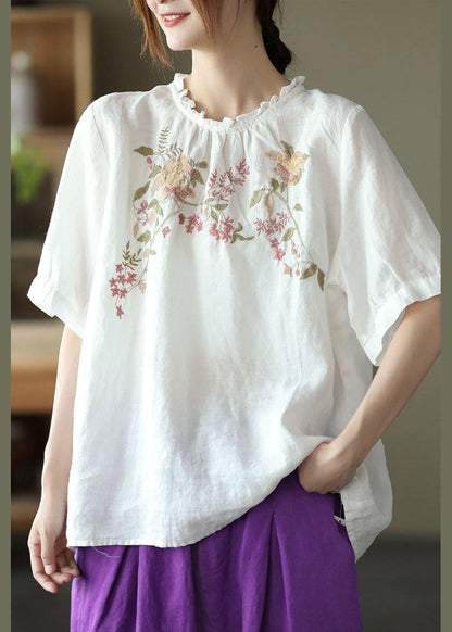 Navy Ruffled Embroideried Summer Linen Shirt