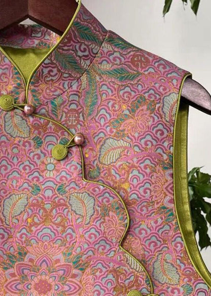 Pink Asymmetrical Button Print Cotton Waistcoat Sleeveless Fall