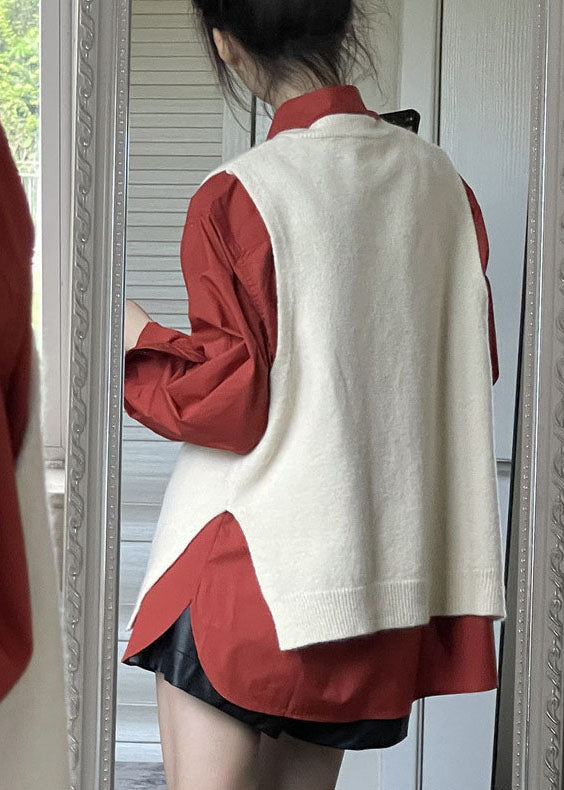 Side Open Apricot Knit Waistcoat and Red Shirts Two Pieces Set Fall