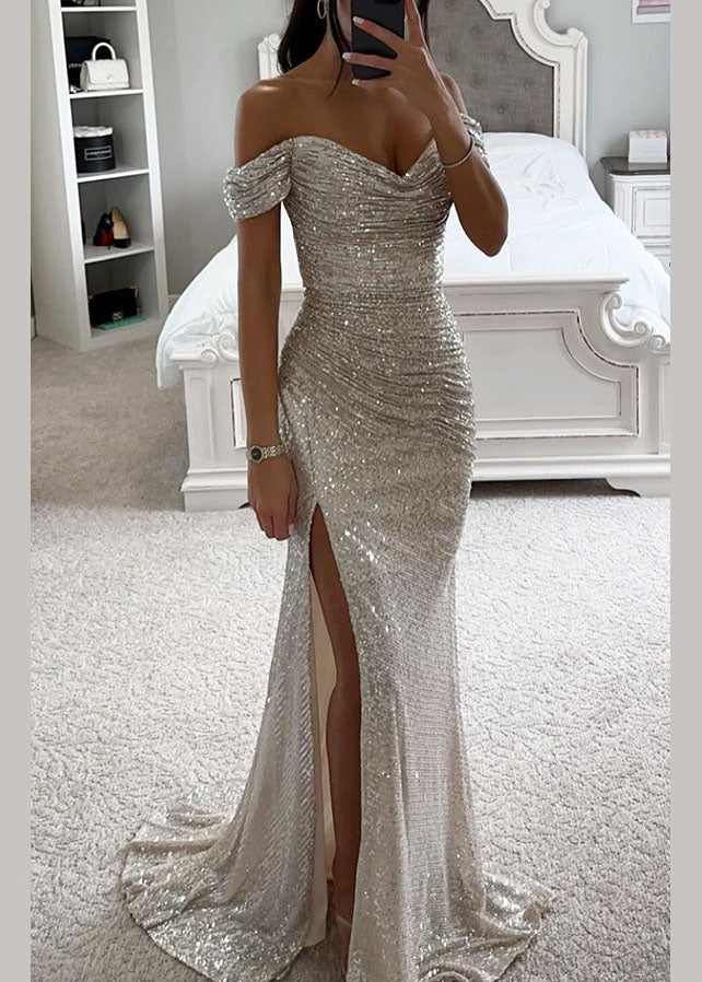 New Champagne Slash Neck Side Open Sequins Party Dress Summer