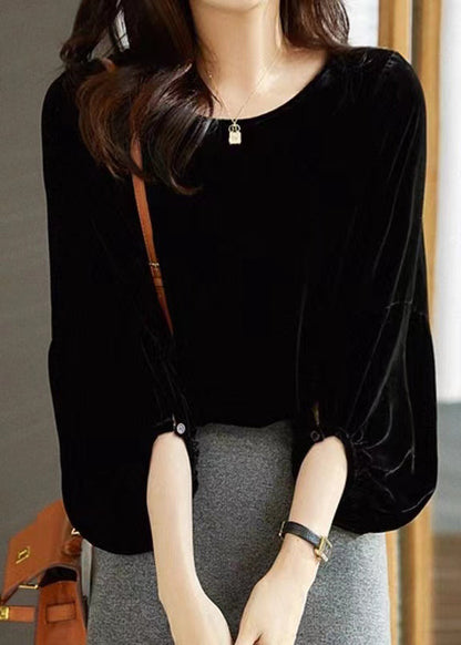 Style Versatile Black O Neck Velour Blouse Top Lantern Sleeve