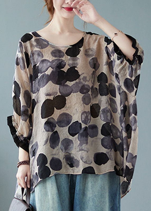 Diy Grey Ruffled Print Shirt Tops Half Sleeve