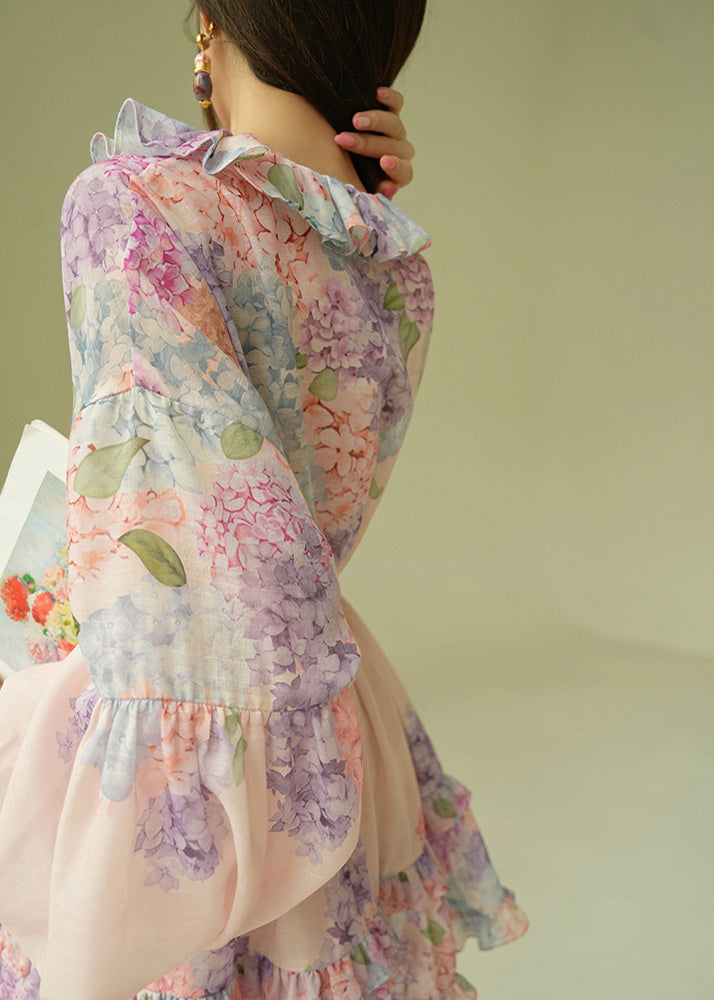 Loose Pink Ruffled Print Shirts and Skirts Cotton Two Piece Set Puff Sleeve