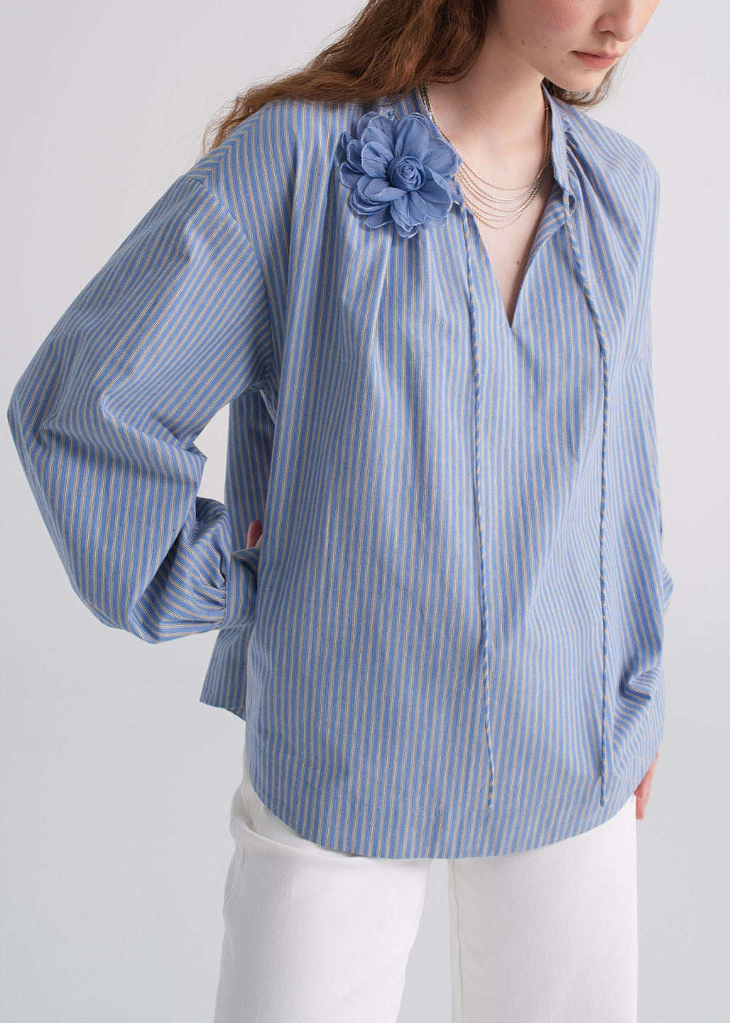 Italian Blue Striped V Neck Cotton Shirt Fall