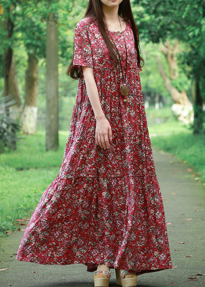 Blue O Neck Print Patchwork Cotton Maxi Dress Summer
