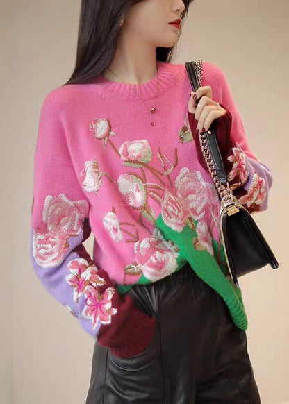 Apricot O-neck Embroideried Patchwork Woolen Top Fall