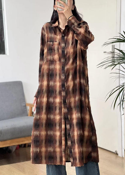 Pink Plaid Peter Pan Collar Button Cotton Long Blouse Spring