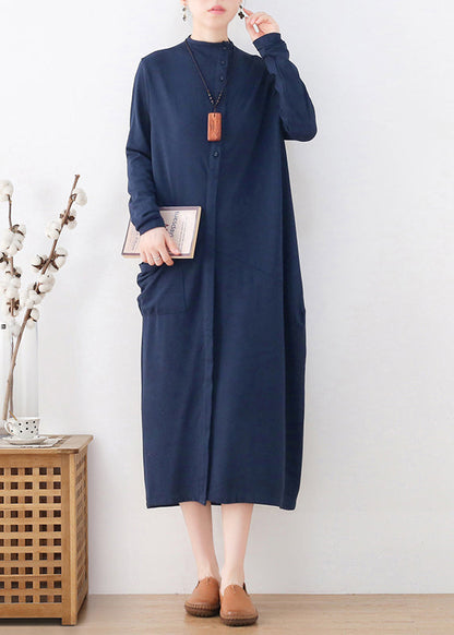 Blue Turtleneck Button Pockets Cotton Knit Dress Long Sleeve