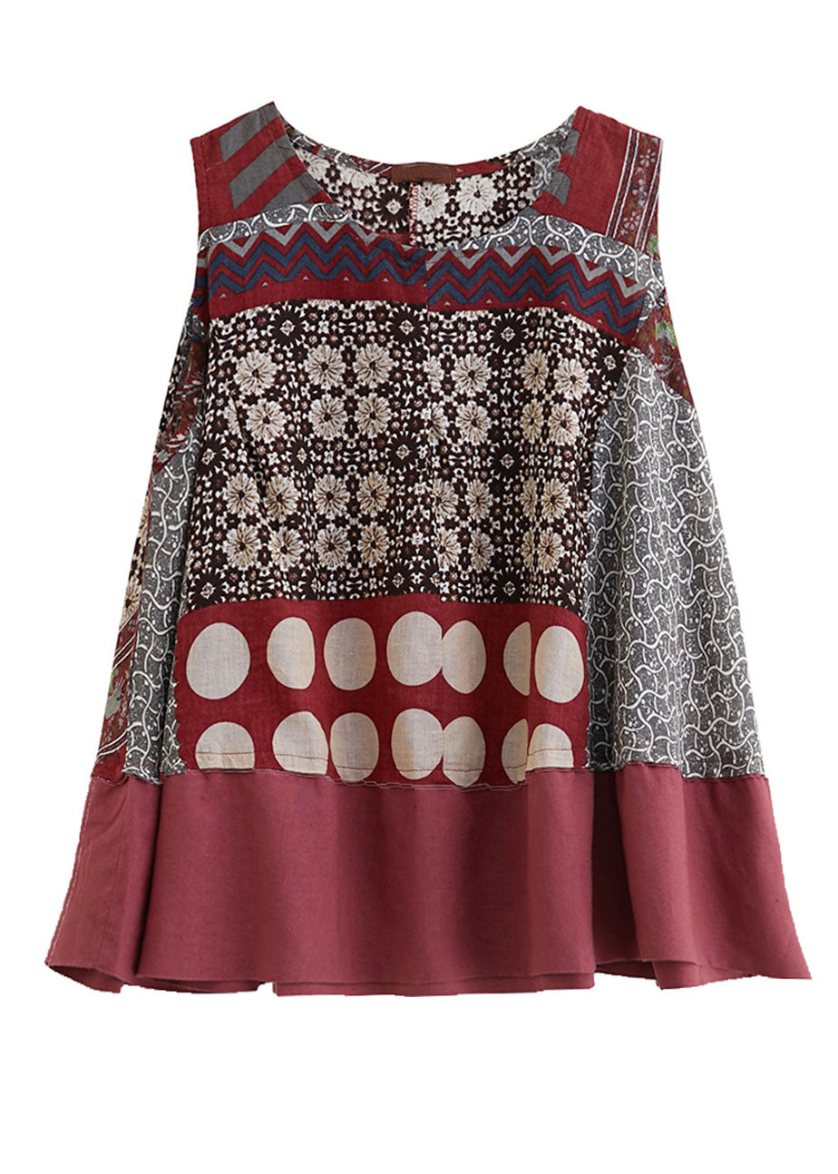 Modern Red O-neck Patchwork Print Cotton a Line Tops Sleeveless