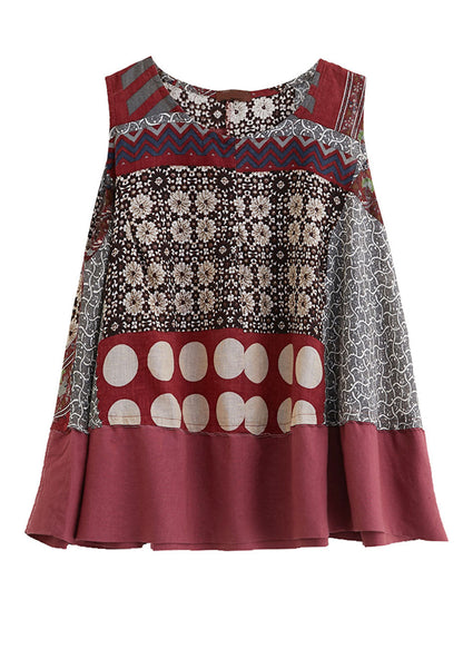 Modern Red O-neck Patchwork Print Cotton a Line Tops Sleeveless
