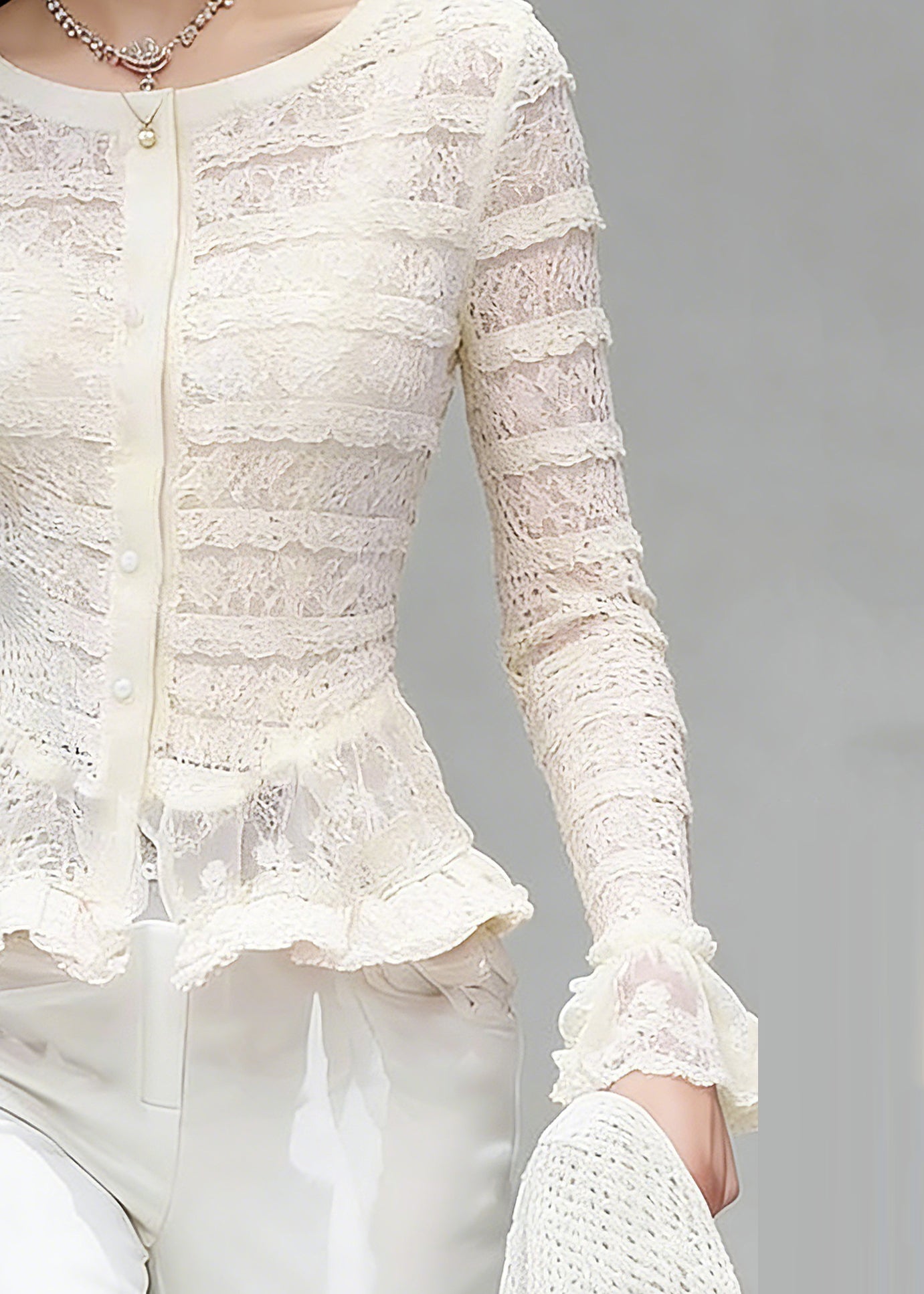 White O-neck Ruffled Patchwork Lace Tops Flare Sleeve