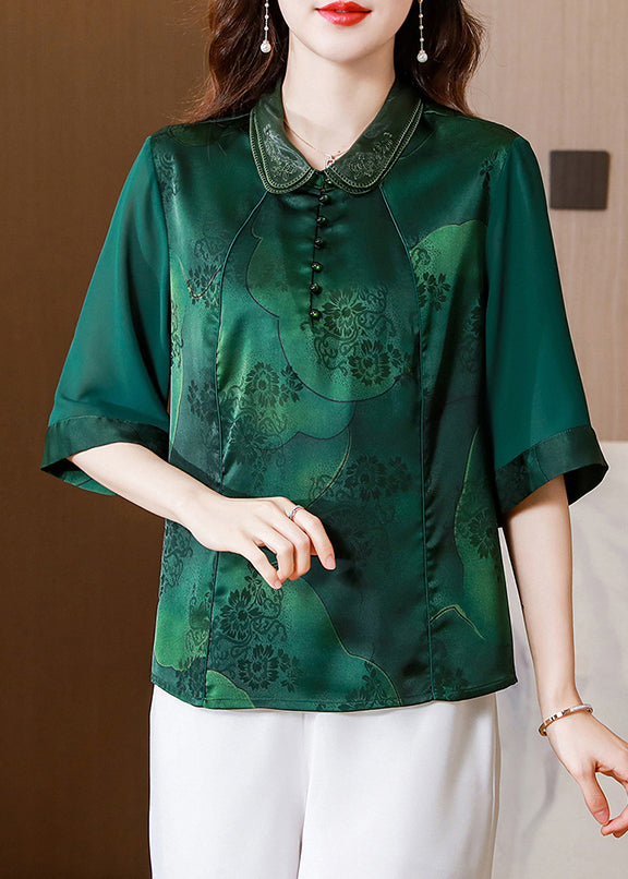 Green Double-layer Collar Patchwork Print Silk Top Half Sleeve