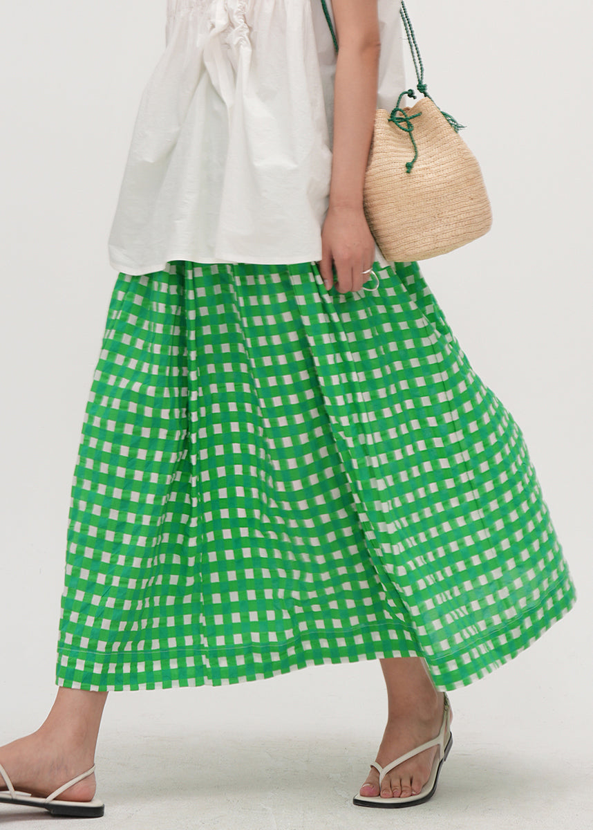 Art Green Plaid Elastic Waist Cotton a Line Skirts Summer