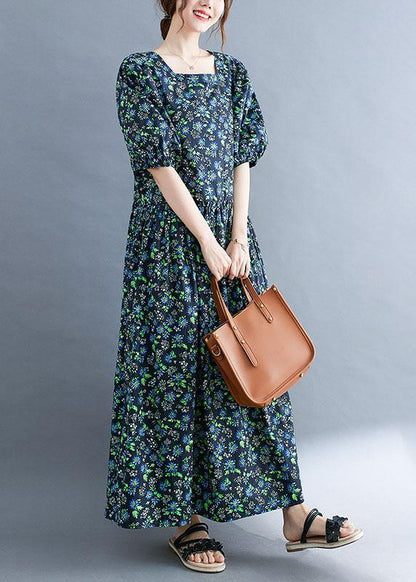 Black Loose Square Collar Print Pockets Summer Robe Dresses Puff Sleeve