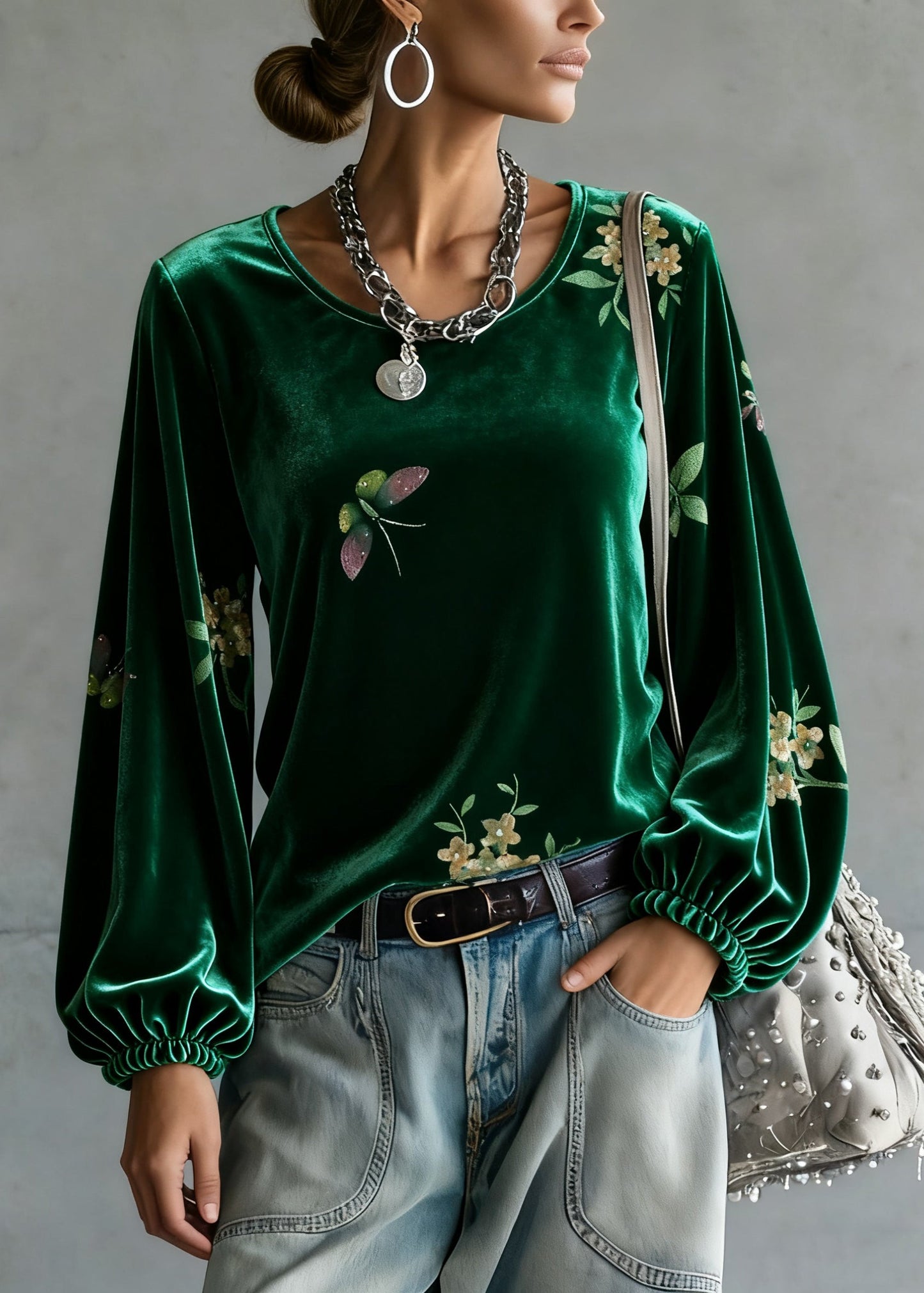 Green O-neck Print Silk Velour Tops Spring
