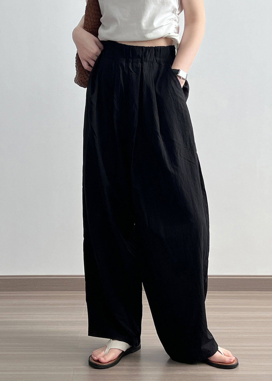 Black Pockets Cotton Wide Leg Pants Elastic Waist Wrinkled Fall