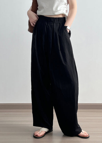 Black Pockets Cotton Wide Leg Pants Elastic Waist Wrinkled Fall