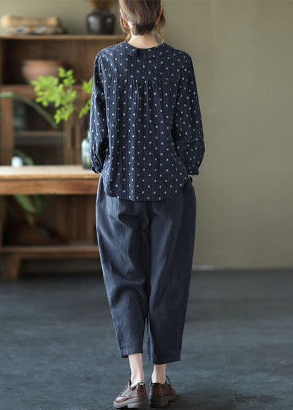 Grey Button Ruffled Dot Fall Shirt Tops Long Sleeve