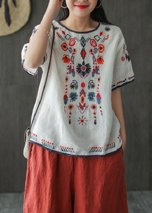 Loose White Embroidered Cotton T Shirt Summer