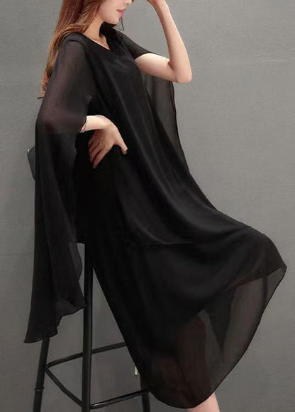 Black O Neck Chiffon Cape Dresses Summer