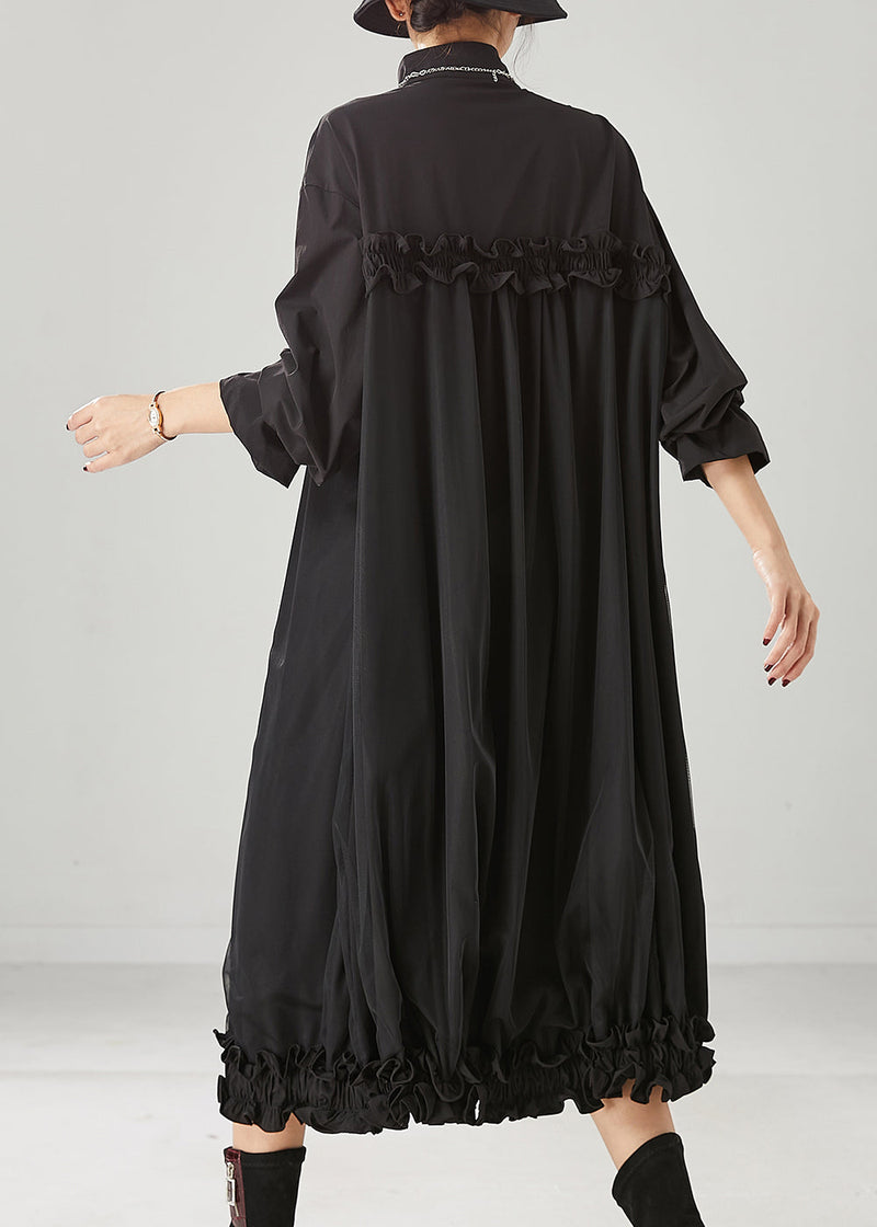 Black Ruffled Patchwork Tulle Cotton Maxi Dress Spring