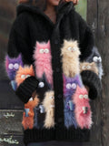 Comstylish Funny Colorful Cats With Coffee Cups Fuzzy Cozy Hooded Cardigan