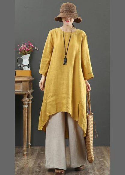 O Neck Low High Design Spring Clothes Shirts Yellow Embroidery Art Dress