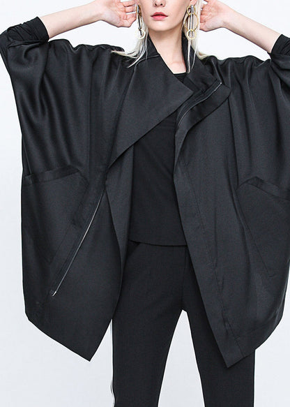 Black Stand Collar Zippered Batwing Trench Coats Long Sleeve