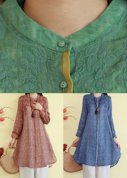 Green Button Thin Patchwork Linen Blouses