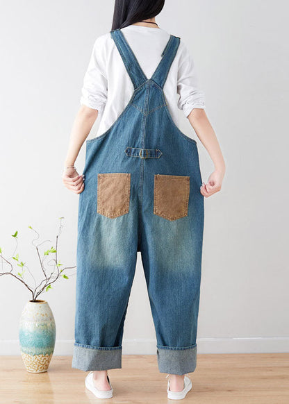Natural Blue Pockets Patchwork Denim Jumpsuits Spring