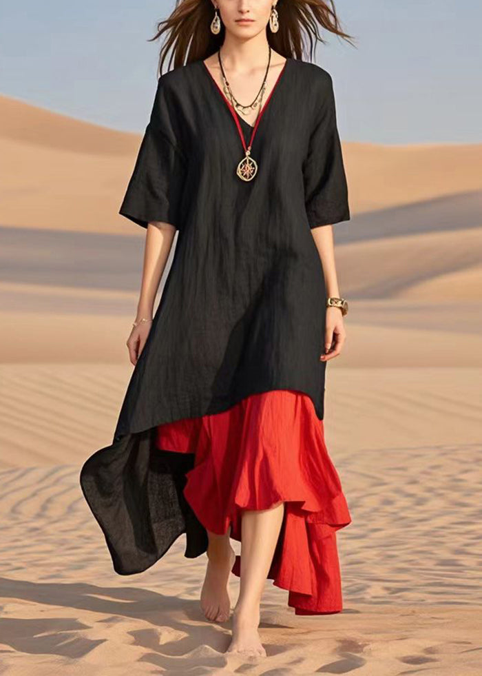 Diy Black Asymmetrical Patchwork Cotton Fake Two Piece Dresses Summer
