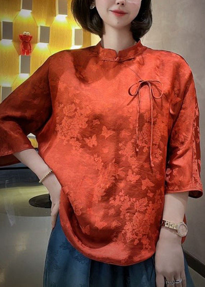 Original Red Stand Collar Chinese Button Bow Silk Top Three Quarter Sleeve
