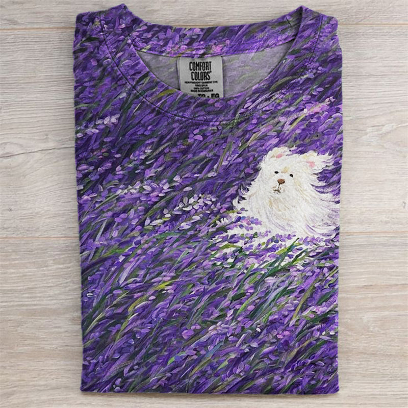 Comstylish Funny Fuzzy Dog Lavender Field Painting Comfy T Shirt