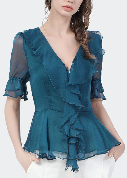 Slim Fit Peacock Blue V Neck Ruffles Color Chiffon Cinch Shirt Top Short Sleeve