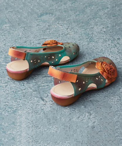 Green Cowhide Leather Hollow Out Flower Sandals