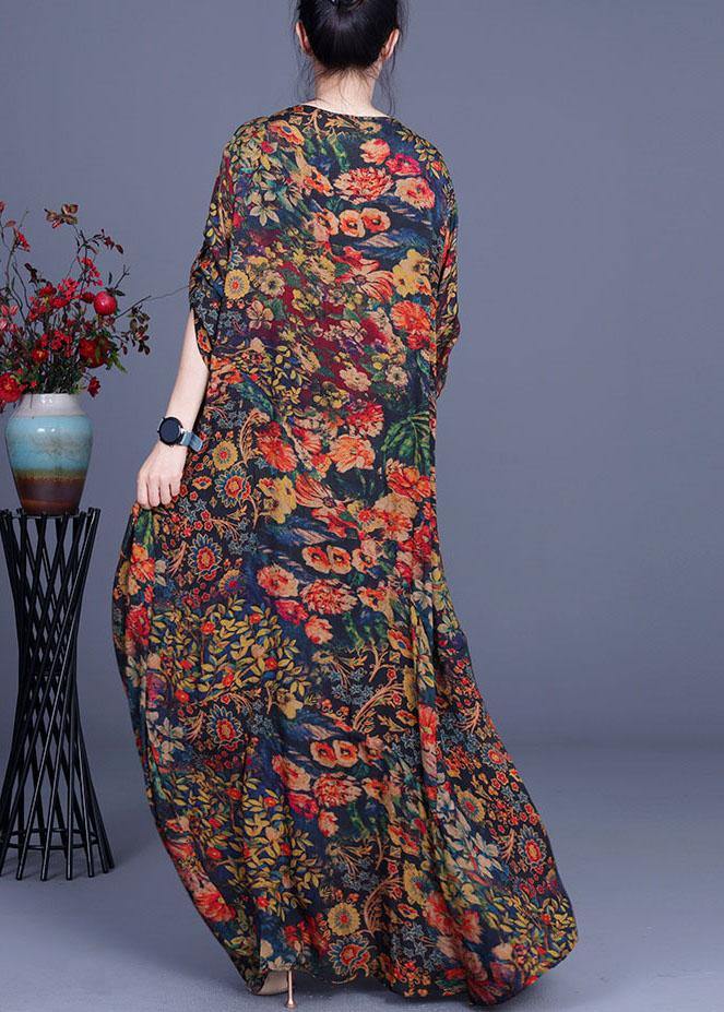 French Print O-neck Long Sleeve Silk Dresses Summer