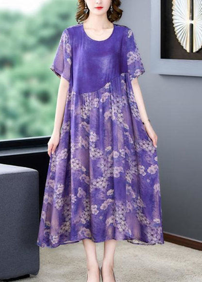 Purple O Neck Print Wrinkled Patchwork Silk Dress Summer