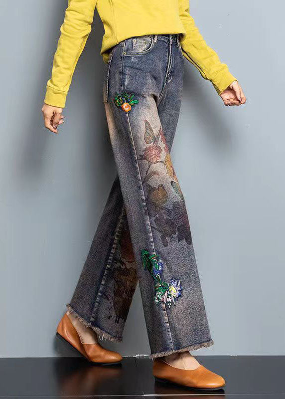 Diy Blue High Waist Embroideried Pockets Print Cotton Denim Straight Pants Fall
