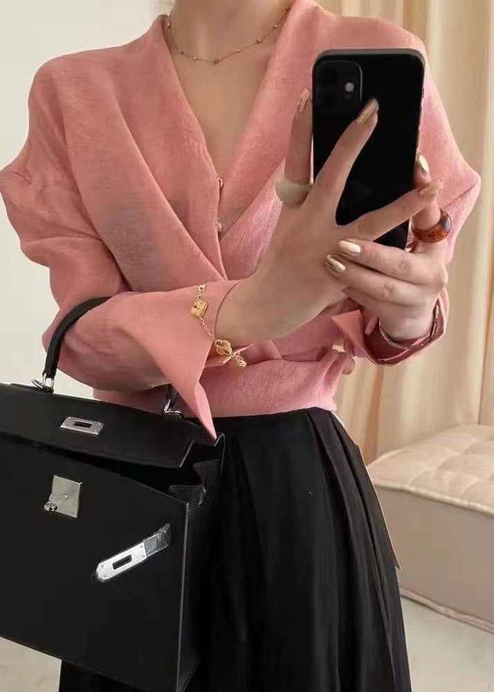 Pink Asymmetrical Jacquard Chiffon Top Fall