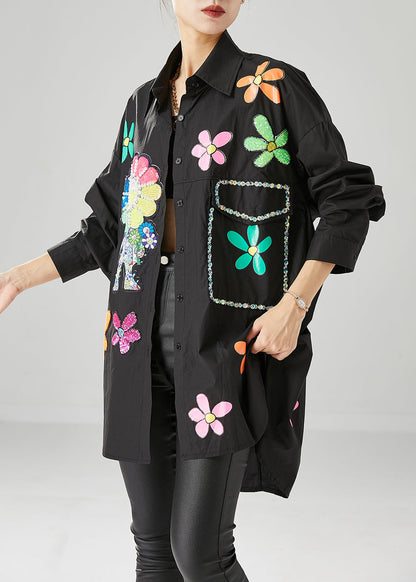 Black Oversized Sunflower Sequins Cotton Blouses Fall