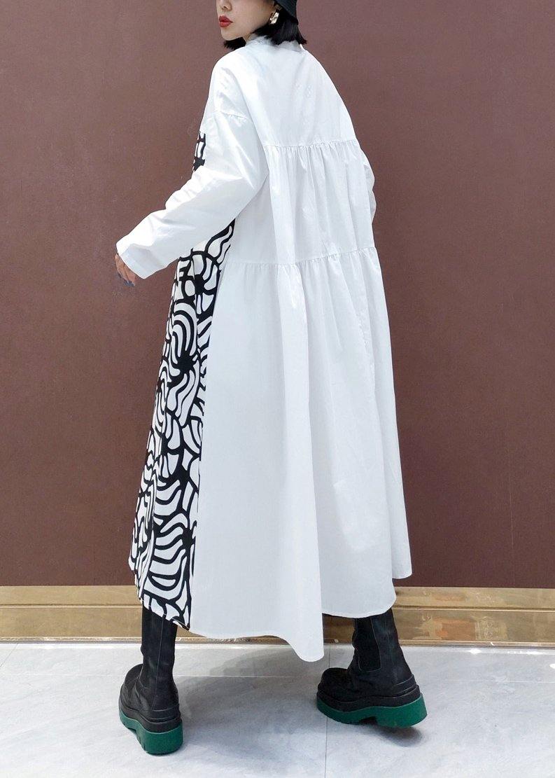 Handmade White Print Quilting Clothes Lapel Asymmetric Loose Spring Dresses